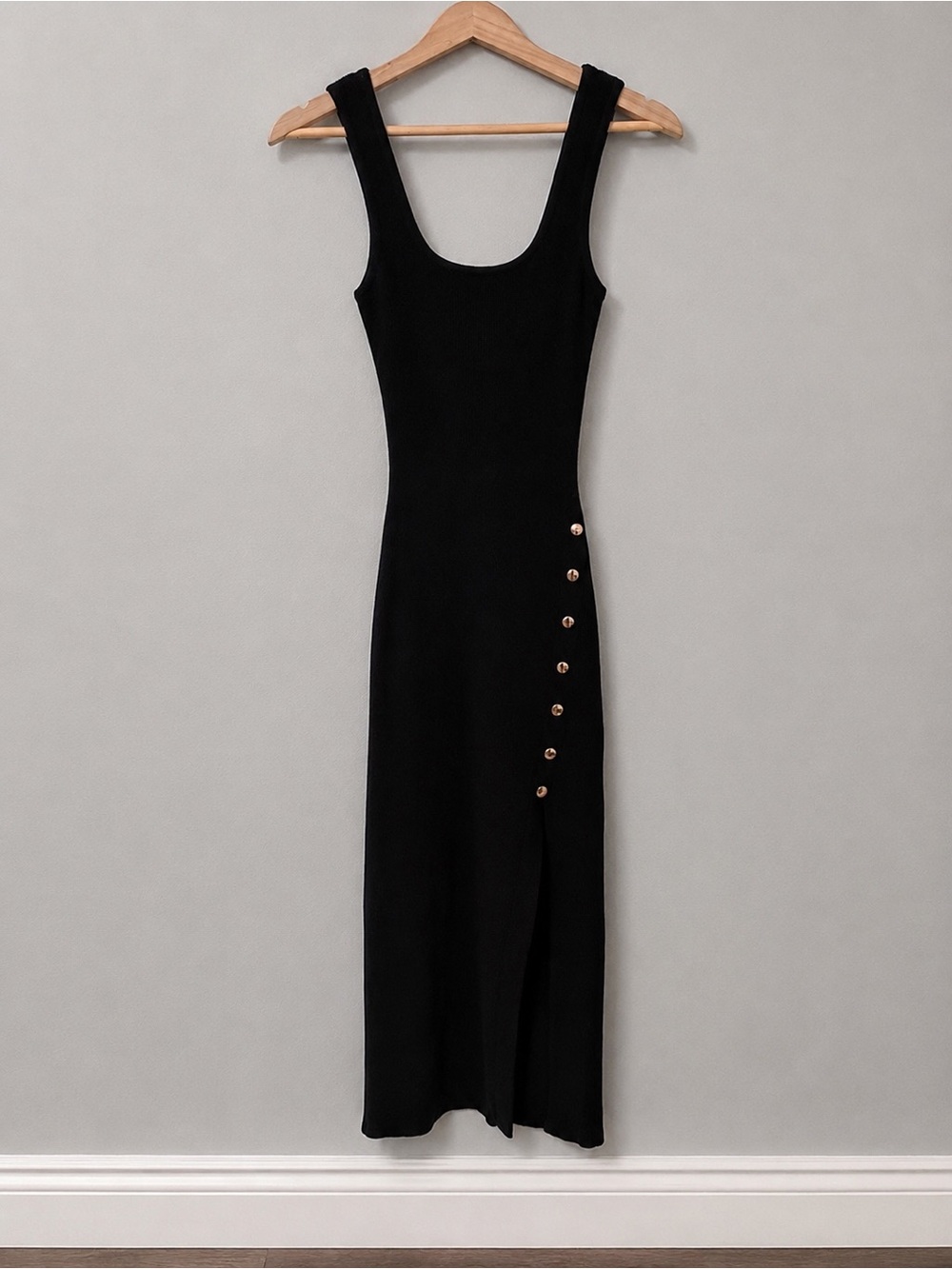 Windsor Black Ribbed Maxi Dress M Gold Button Side Slit Square Neck NWT